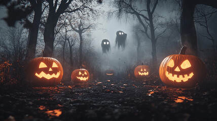 Magical Halloween forest with glowing jack-o'-lanterns and bats