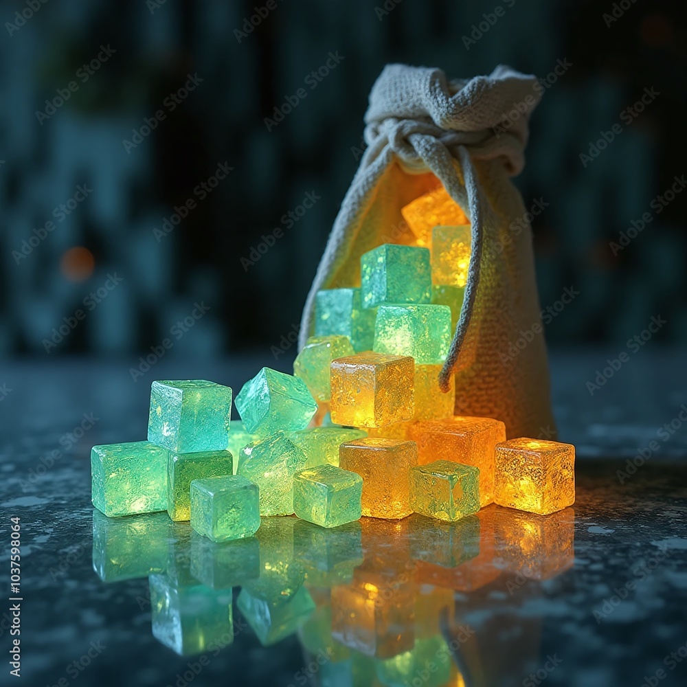 Poster glowing ice cubes in a bag on the table. selective focus.