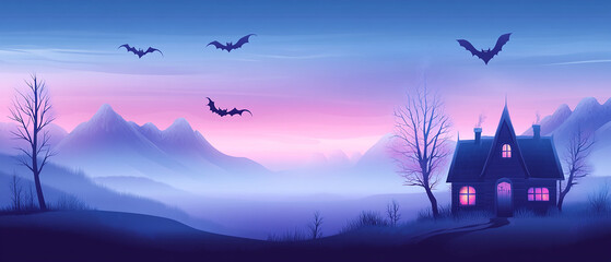 Halloween scene with house silhouette and bats in orange night sky