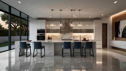 a modern and luxurious kitchen with a predominantly white color palette. Sleek white cabinets complement the gleaming marble countertops, creating a clean and sophisticated aesthetic.
