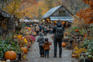 Naklejka premium A family taking photos at a scenic autumn fair, with colorful trees and pumpkins creating the perfect fall backdrop. Concept of memories.