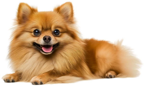 Alert pomeranian with spitz features, dog isolated on transparent background, pet looking cute and small, fluffy fur framing adorable puppy face
