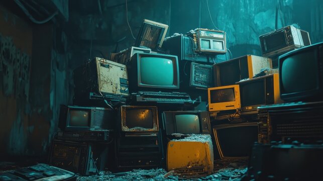 A cluttered pile of old monitors and computers in a dimly lit, abandoned space.