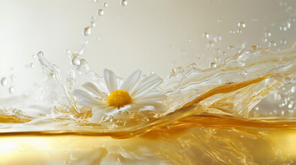 Delicate chamomile in tea motion, splash of herbal beverage and drink, flower lending healthy liquid notes, ingredient blend with aromatic soothing pure essence