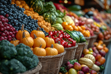 A cornucopia of fall vegetables like pumpkins, squash, and sweet potatoes at a local market, celebrating the abundance of the harvest. Concept of abundance.