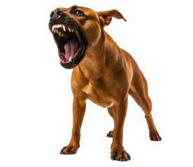 Alert pitbull mid barking stance, dog isolated showing aggressive full body pose, angry mouth and teeth bared, dangerous form with powerful muscular intense presence