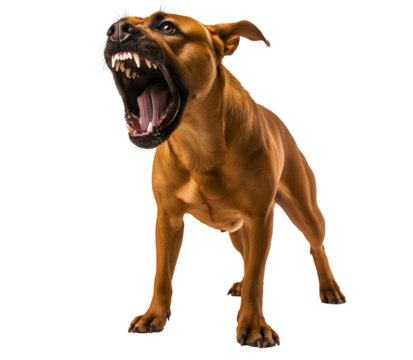 Alert pitbull mid barking stance, dog isolated showing aggressive full body pose, angry mouth and teeth bared, dangerous form with powerful muscular intense presence