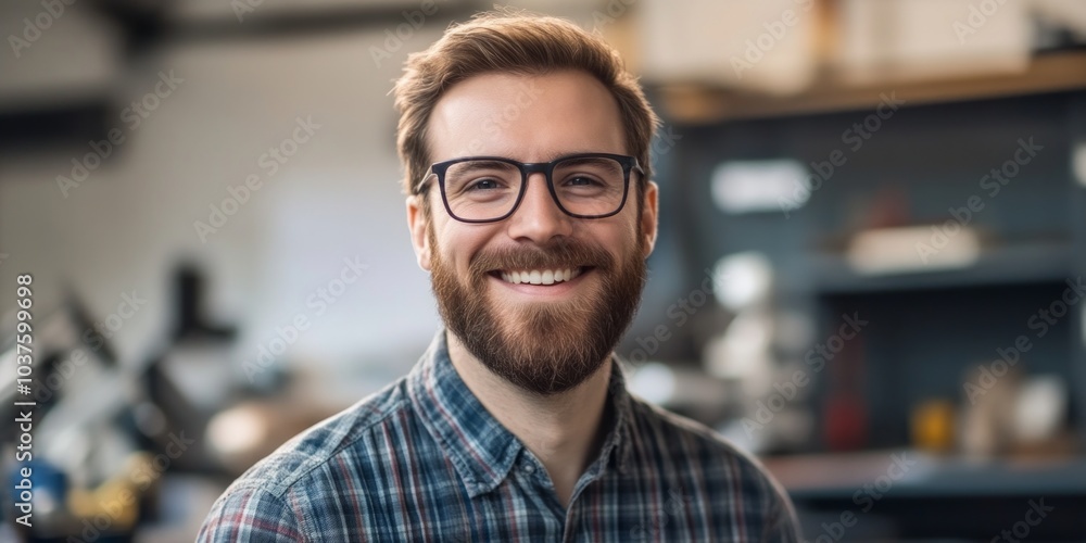 Poster a smiling man with glasses poses for a portrait in a workshop environment. he wears a checkered shir