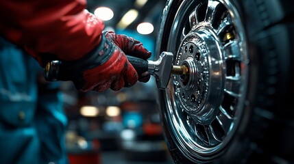 A mechanic using a wrench to tighten a wheel in an automotive workshop.