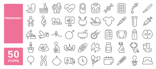 Set of 50 line icons related to pregnancy, pregnant, birth, baby, mother, fertility, fetus, infant, sperm, ovum, Editable stroke. Vector illustration