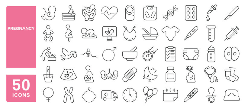 Set of 50 line icons related to pregnancy, pregnant, birth, baby, mother, fertility, fetus, infant, sperm, ovum, Editable stroke. Vector illustration