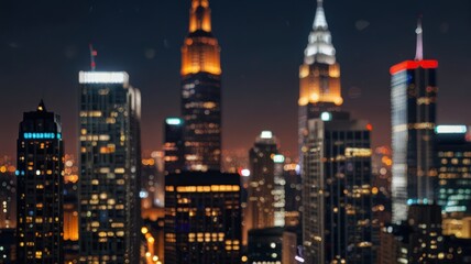 Fototapeta premium A blurred view of the NYC skyline at night, showing the iconic skyscrapers in the distance, with twinkling lights reflecting off the buildings.