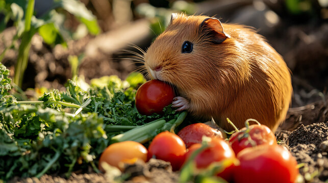 A guinea pig munching on fresh vegetables