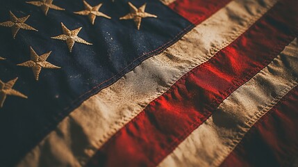 A close-up of a weathered American flag, showcasing its colors and textures.