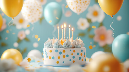 birthday cake with candles, light blue frosting, and gold polka dots, surrounded by yellow and light blue balloons