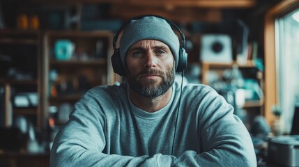 Obraz premium A serious man wearing a beanie and headphones sits in a creative studio space, suggesting focus, artistic expression, and a thoughtful demeanor.