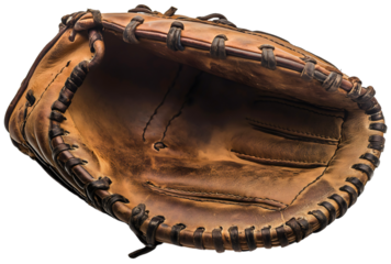 Baseball glove and isolated game with sport brown catcher equipment and leather gear, classic mitt and pitcher with league training ball