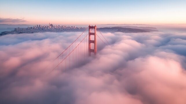 A stunning view of the Golden Gate Bridge emerging from dense clouds, with San Francisco city in the background, capturing a serene and mystical ambiance.