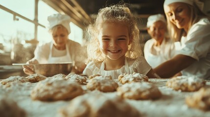 A young child with blonde curly hair smiles joyfully in a sunlit kitchen, surrounded by flour-dusted dough, as people in the background prepare to bake together.