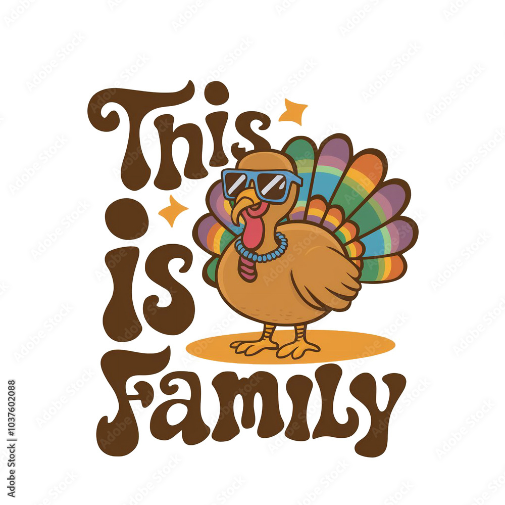 Wall mural a cheerful turkey wearing sunglasses with colorful feathers text this is family