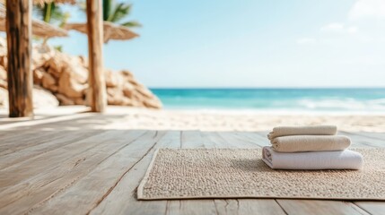 Obraz premium A neatly folded towel set rests on a woven mat, with a bright blue sea in the background, evoking a sense of relaxation and preparation for vacation ahead.
