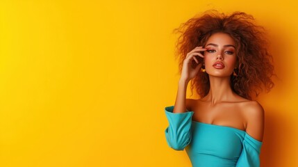 A stylish woman in a turquoise off-shoulder top poses with one hand on her face against a vivid orange background, embodying modern fashion and artistic expression.