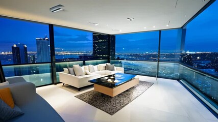Sleek modern penthouse with city skyline views. Video - Powered by Adobe