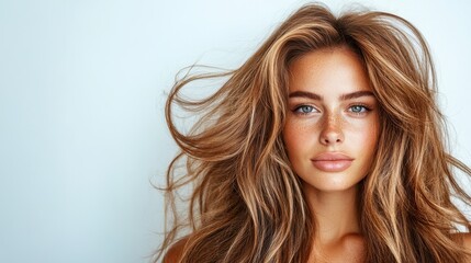 A captivating portrait of a young woman with voluminous wild brown hair, showcasing her striking blue eyes against a light background.