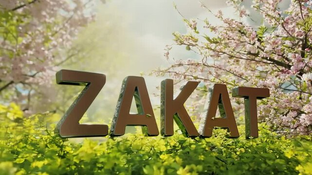 A sign with the letters ZAKAT written in a forest with pink flowers. The sign is surrounded by trees and bushes