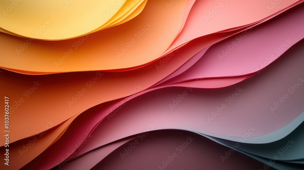 Poster the artistic image features layers of vibrant, colorful paper in abstract wave-like forms, represent