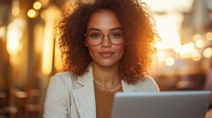 A stylish woman with curly hair and glasses is focused on her laptop in a sunlit cafe while wearing casual business attire, channeling modern productivity.