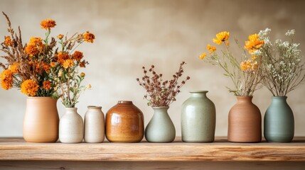 An array of vases in different sizes featuring vibrant yellow flowers, placed on a wooden table, capturing a rustic essence and inviting a nostalgic feel.