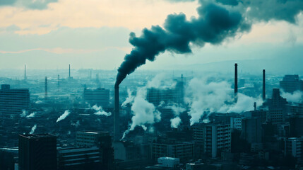Cityscape factory and chimney smoke with industrial pollution smog and environment dirty air, manufacturing emissions with urban skyline carbon