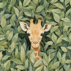 A giraffe is hiding in the leaves of a tree