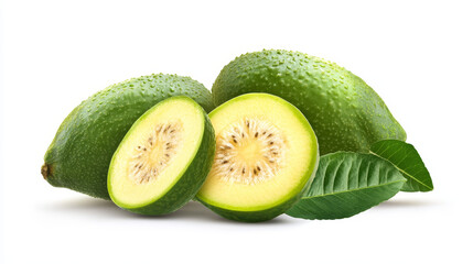 Feijoa fruits with green leaves and a slice of feijoa, beautifully arranged and isolated on a white background, showcasing their vibrant color and texture.







