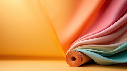 A collection of vibrant silk fabric rolled neatly into an elegant design, presenting a striking visual blend of colors and textures that showcases creative artistry.