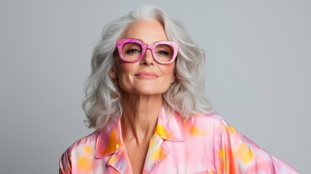 An elegantly styled woman wearing fashionable glasses and a vibrant pink outfit is captured posing with an assured expression on a neutral background.