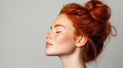 A tranquil redhead woman with delicate freckles and eyes gently shut is portrayed in serene contemplation, exemplifying calm and inner peace in a timeless headshot.