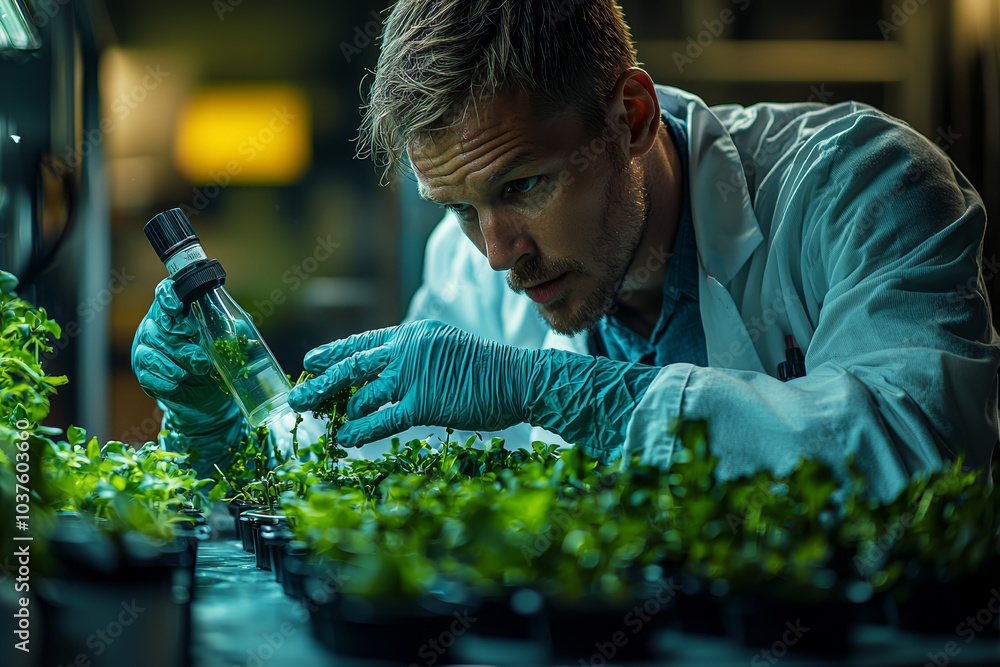 Poster a scientist experimenting with algae as a new food source, highlighting the search for alternative s