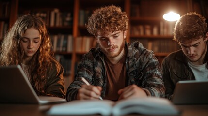 Fototapeta premium Three young adults focus intently on their studies in a cozy library, surrounded by books and warm lighting, symbolizing dedication and learning.