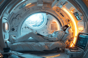 A scientist studying the effects of microgravity on human health, representing the challenges of long-term space habitation. Concept of space health.