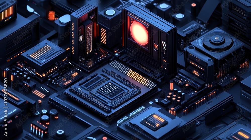 Aufkleber a close-up view of a futuristic circuit board with glowing elements and intricate designs.