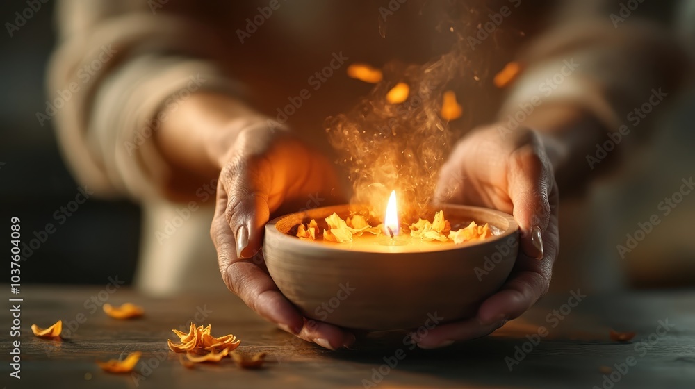 Poster a comforting image of a gently steaming candle surrounded by autumn leaves, held lovingly in hands, 