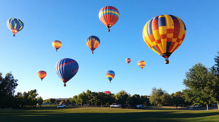 Obraz premium A group of hot air balloons rising into a clear blue sky.