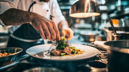 Fototapeta premium A precise close-up of a chef meticulously garnishing a gourmet dish in a bustling restaurant kitchen, Restaurant kitchen scene, Culinary artistry style