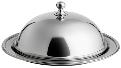 Obraz premium Silver cloche and elegant tray with shiny metal restaurant and polished dish plate serving cover isolated, luxury dining with gleaming steel service