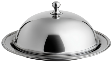 Silver cloche and elegant tray with shiny metal restaurant and polished dish plate serving cover isolated, luxury dining with gleaming steel service