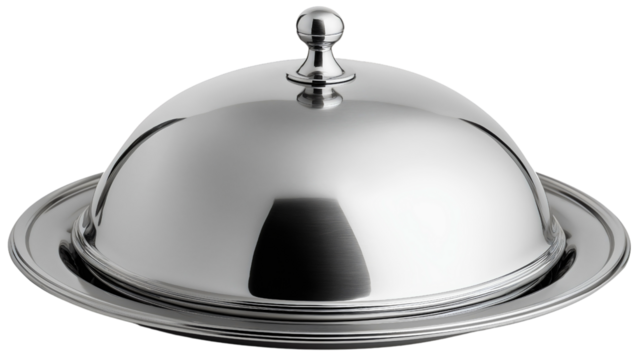 Silver cloche and elegant tray with shiny metal restaurant and polished dish plate serving cover isolated, luxury dining with gleaming steel service