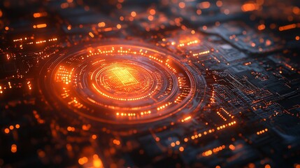 Abstract glowing circuit board with a central processing unit in the center.