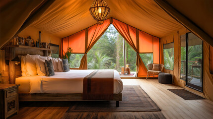 Glamping camping and cozy luxury with scenic glamorous tent and peaceful forest holiday travel trip activity, rustic adventure with beautiful outdoor relaxation
